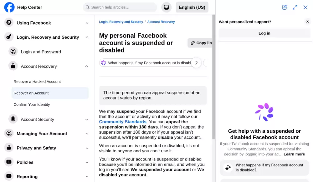 Facebook帮助中心账号被停用或禁用申诉说明页面截图