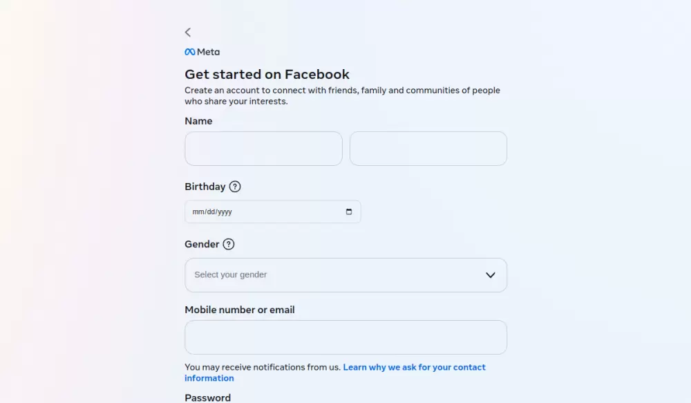 Facebook创建新账号填写姓名生日联系方式的表单界面截图