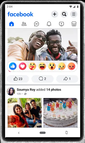 Facebook Lite 应用内的动态界面,顶部图标与点赞表情