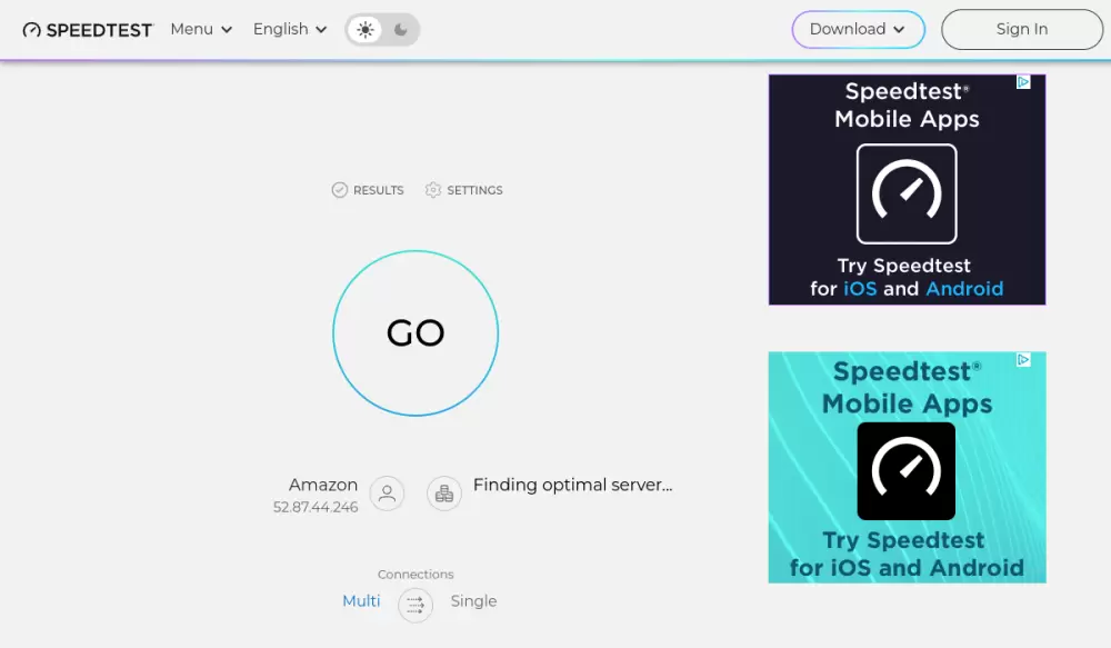 Speedtest测速页面截图，排查Facebook打开慢可先测速