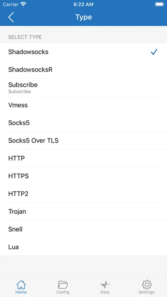 Shadowrocket 节点类型选择界面截图